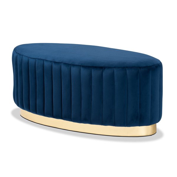 Baxton Studio Kirana Glam and Luxe Navy Blue Velvet Fabric and Gold PU Leather Ottoman 175-11241-Zoro